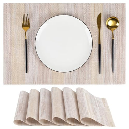 Beige Woven Placemats Set of 6 – Heat Resistant, Waterproof & Easy to Clean – Durable Synthetic Dining Table Mats for Kitchen, Restaurant & Outdoor Use - color: Beige