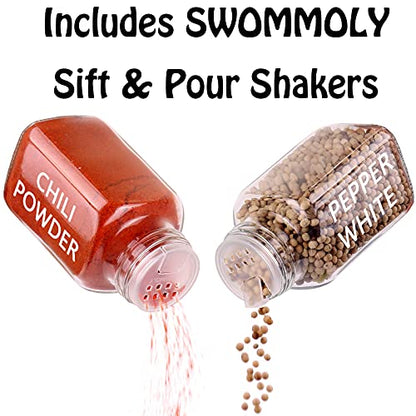 SWOMMOLY 30 Glass Spice Jars 6 oz Empty Square Spice Bottles with 703 Spice Labels, Chalk Marker and Funnel Complete Set. 30 Spice Containers with Airtight Cap, Pour/sift Shaker Lid - size: 6 OZ