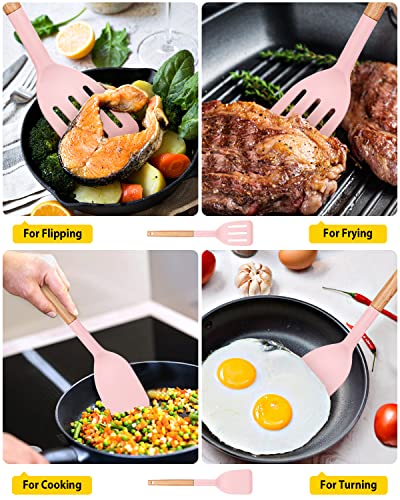 Pack of 2 Silicone Cooking Spatula, Heat Resistant Solid Turner, Non Stick Slotted Spatulas with Wooden Short Handle,Ideal Wood Kitchen Utensils Set for Frying, Baking, Flipping, Turning - color: Pink