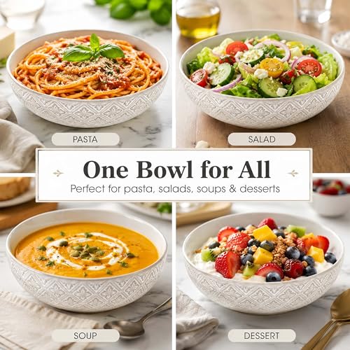 22 Oz Pasta Bowls Set of 4, Ceramic Soup Bowls, 8 inch Large Serving Bowl, Porcelain Kitchen Embossed Dish for Salad, Fruit, Rice, Desserts, Housewarming Wedding Gifts, Dishwasher Safe - color: Floral 2