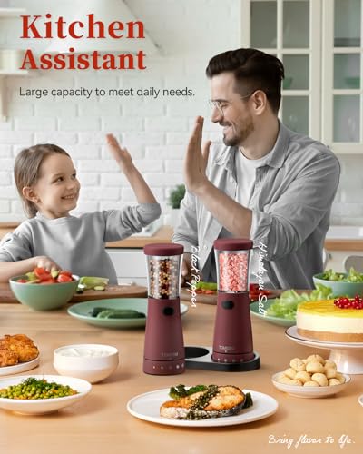 Electric Salt and Pepper Grinder Set with Storage Base, Stainless Steel Rechargeable Salt and Pepper Grinder Set with 4.5 oz Large Capacity, 1.8" Wide Mouth, Adjustable Coarseness, Ideal for Kitchen - color: Roseo