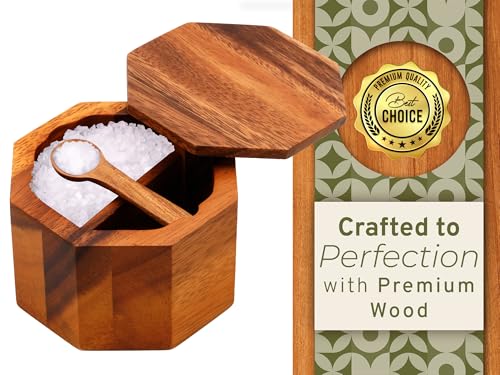 ARANYA Wooden Pepper and Salt Cellar with Lid and Spoon Set Keeper Two Compartments Spice Seasoning Wood 7oz. Container for Countertop Kitchen Storage Sea Salt Box Holder with Anti-Slip Feet Slip