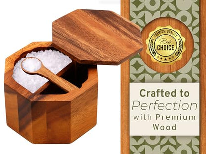ARANYA Wooden Pepper and Salt Cellar with Lid and Spoon Set Keeper Two Compartments Spice Seasoning Wood 7oz. Container for Countertop Kitchen Storage Sea Salt Box Holder with Anti-Slip Feet Slip
