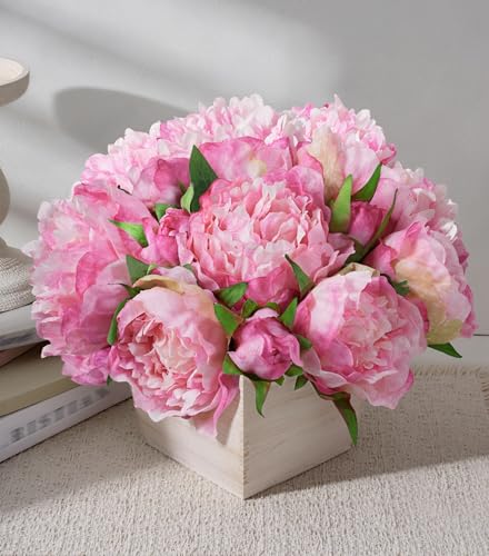 Artificial Hydrangea Flowers Arrangement in Wood Planter, 4PCS Fake Flowers in Wooden Vase Potted Floral Centerpieces for Tables Living Room Home Office Kitchen Decor (Pink Peony) - color: Pink Peony
