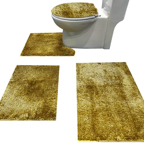 Madeals Chenille Bath Rug Sets 4 Piece with Toilet Lid Cover and Rug Set Combo, Soft Shaggy Bath Rug Set 3 Piece and U-Shaped Toilet Floor Rug Golden - color: Golden, size: 1'3" x 2'8" (Square)