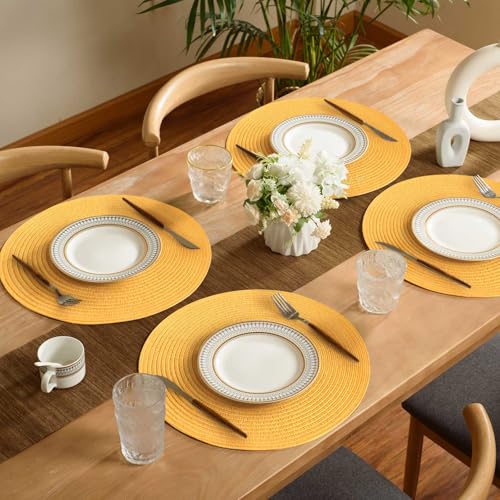 FunWheat Round Braided Placemats Set of 6 Place mats for Dining Tables Woven Heat Resistant Table Mats 15 inch (Yellow,6pcs) - color: Solid Yellow, size: 6pcs