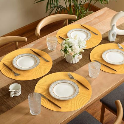 FunWheat Round Braided Placemats Set of 6 Place mats for Dining Tables Woven Heat Resistant Table Mats 15 inch (Yellow,6pcs) - color: Solid Yellow, size: 6pcs