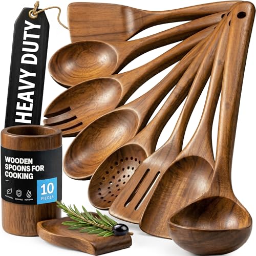 Zulay Kitchen 10-Piece Wooden Spoons for Cooking - Smooth Finish Teak Wooden Utensils for Cooking - Soft Comfort-Grip Wood Spoons for Cooking - Non-Stick Wooden Cooking Utensils - Wooden Spoon Sets - size: 10 Piece
