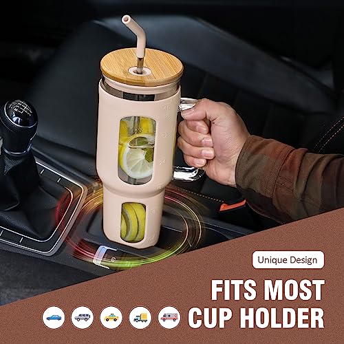 WINSA Glass Tumbler with Lid and Straw, 46 oz, Amber | Iced Coffee Cup with Handle, Large Water Bottle with Silicone Sleeve, Pearl Straw & Drinking Straw, BPA Free - color: Amber, size: 46 Ounces