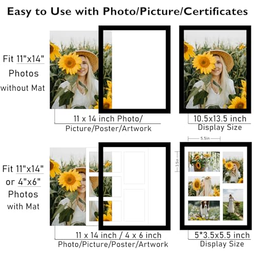 JCJMY 4x6 Collage Picture Frame, Display 5 Pcs 4x6 Photos with Mat or 11x14 Picture without Mat, Five Opening 4x6 Collage Frame for Wall Hanging, Lightweight 4 x 6 Multi Pictures Frame, Black - color: Black