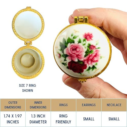 Tiny Round Porcelain Trinket Box | Pink Rose Bouquet | French Style Gift Box with Velvet Bag - style: Pink Rose Bouquet Round