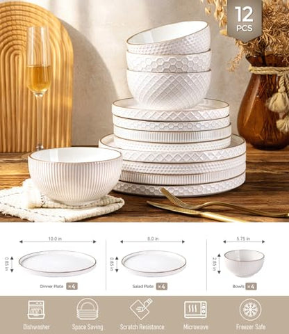 GBHOME Stoneware Dinnerware Set for 4, 12 piece Farmhouse Plates and Bowls | Elegant Embossed Ceramic Dish Set, Scratch Resistant, Microwave & Dishwasher Safe, Off white - color: Off white-Stackable