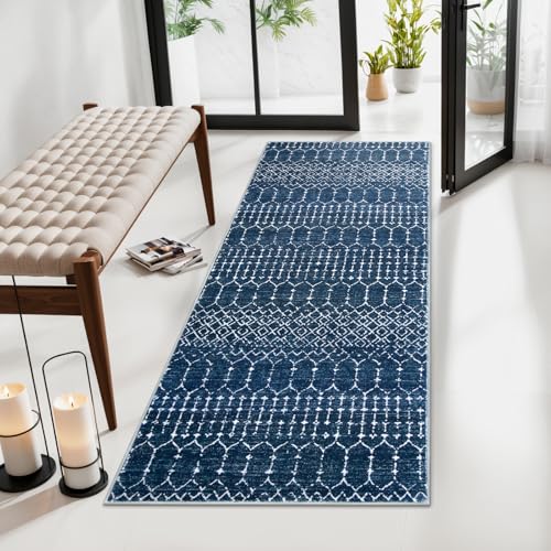 Lahome Moroccan Runner Rugs for Hallway 2x4 Bathroom Rugs Non-Slip Small Throw Kitchen Carpet Low-Pile Mat for Entryway Laundry Room Mat Geometric Indoor Carpert for Entrance Bath Hana, Blue - color: Blue, size: 2' x 4' (Runner)