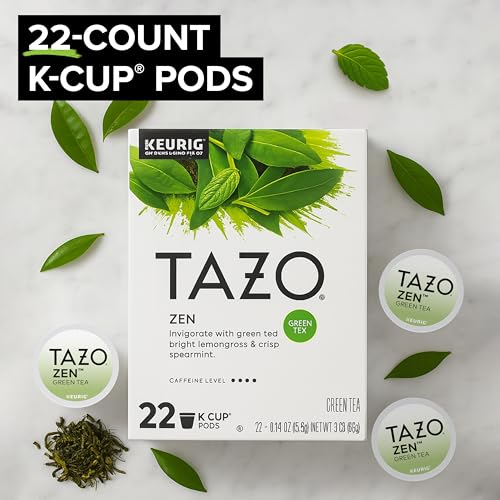 TAZO Zen Green Tea K-Cups, Green Tea Zen for Health and Wellness, 22 Pods | Zen Green Tea K-Cups for quick Keurig brewing offer a blend of organic green tea, lemon verbena, lemongrass and spearmint - size: 22 Count (Pack of 1) Zen