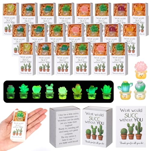 Jenaai 24 Sets Emotional Appreciation Gifts Bulk Mini Resin Cactus Cacti Work Would SUCC Without You Boxes Glow in the Dark Succulent Figurines for Coworkers Gift Employee Team Favors