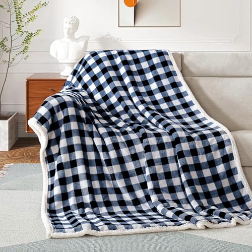 BEAUTEX Christmas Sherpa Fleece Twin Blanket Soft Warm Buffalo Plaid | Plush Blanket & Throw, Winter Cozy Fuzzy for Couch, Sofa, Bed (Navy, 60" x 80") - color: Navyblue, size: Twin-60"x80"