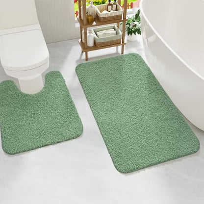 Sage Green Bathroom Rug Set 2 Piece Bath Mat 21x34 U Shape Toilet Rug 21x21 | Absorbent,Washable,Non Slip Bathroom Rugs Sets,Contour Mat for Toilet - color: Sage Green
