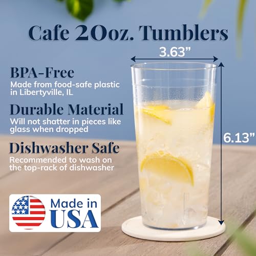 US Acrylic Cafe Plastic Reusable Tumblers (Set of 16) 20-ounce Water Cups in Clear | Value Set of Restaurant Style Drinking Glasses, Stackable, BPA-free, Made in the USA | Top-rack Dishwasher Safe - color: Clear, size: 20 ounces