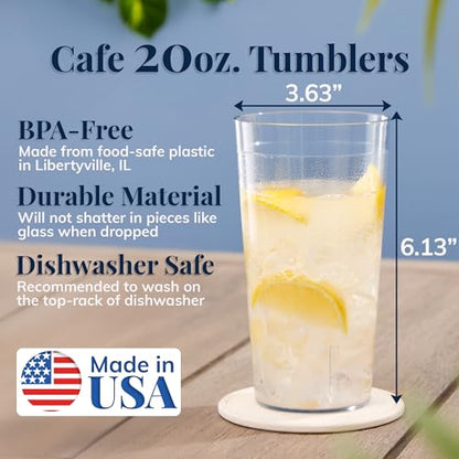 US Acrylic Cafe Plastic Reusable Tumblers (Set of 16) 20-ounce Water Cups in Clear | Value Set of Restaurant Style Drinking Glasses, Stackable, BPA-free, Made in the USA | Top-rack Dishwasher Safe - color: Clear, size: 20 ounces