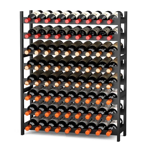 Bamboo Large Wine Rack, 8-Tier Freestanding Floor Bottle Storage Holder | 72-Bottle Storage | Wooden Wine Storage Organizer Shelves for Kitchen Bar, Cellar, & Dining Room | Black | Anti-Tip Kit - color: Black Finish 8-tier Without Glass Holder