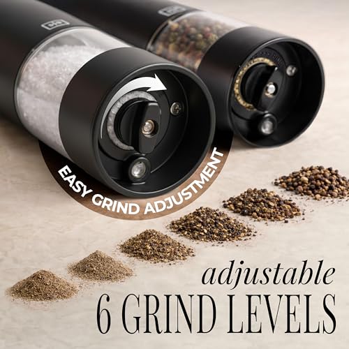 Styled Settings Electric Salt and Pepper Grinder Set Rechargeable, Black | Automatic Salt and Pepper Shaker Set with USB-C Port, LED Light, Adjustable Coarseness, One Touch Control, Stainless Steel - color: Black