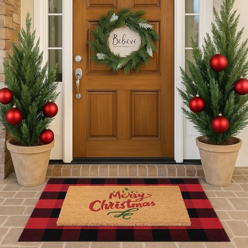 Christmas Door Mat Combo Set - 100% Coco Coir Welcome Mat + 28 x 43 Inch Red and Black Plaid Rug, New Year Holiday Christmas Collection Doormat for Front Porch Entryway Decor