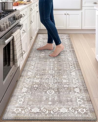 DEXI Kitchen Floor Mats Cushioned Anti Fatigue Runner Rug 23x86 Grey Floral | Soft Comfort Memory Foam, Easy Care, Waterproof, Standing Padded for Front Sink Laundry Office Farmhouse - color: Beige Grey, size: 86"L x 23"W x 0.4"Th
