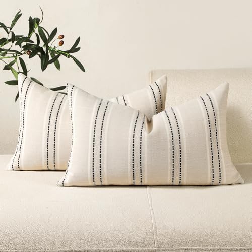 Hckot Throw Pillow Covers 12x20 Set of 2 Striped Pillow Covers Textured Linen Decorative Pillows Lumbar Cushion Covers for Sofa Couch Bed Living Room Farmhouse Decor, Black - color: Black, size: 20" x 12" (Pack of 2)