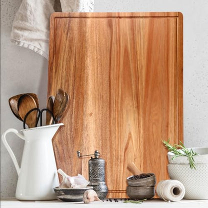 24"x18" XXL Extra Large Acacia Wood Cutting Boards for Kitchen Non Toxic | Big Wooden Cheese Charcuterie Boards Hardwood Solid Chopping Board Bread Butcher Block Giant Turkey Serving Meat Bread Board - size: 24"L x 18"W