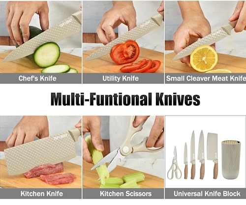 Knife Set, Wiztoynia 6-Piece Khaki Kitchen Knife Set for Home, Anti-Rust Non-stick Stainless Steel Sharp Chef Knife Sets with Universal Knife Block for Kitchen, Ergonomical Design (Khaki) - color: Khaki