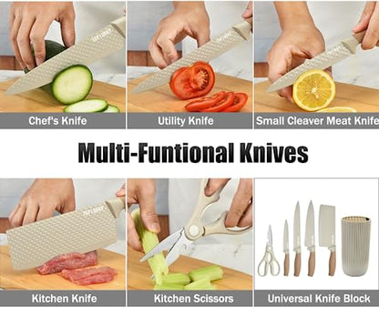 Knife Set, Wiztoynia 6-Piece Khaki Kitchen Knife Set for Home, Anti-Rust Non-stick Stainless Steel Sharp Chef Knife Sets with Universal Knife Block for Kitchen, Ergonomical Design (Khaki) - color: Khaki