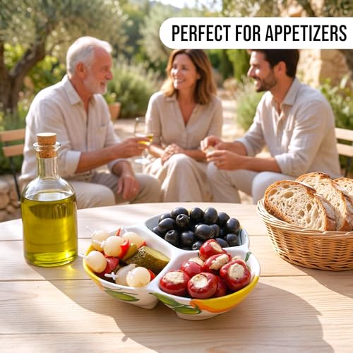 3-Compartment Ceramic Serving Dish, Handmade in Spain | 7.5” divided chip and dip bowl with lead-free glaze, microwave, oven and dishwasher safe, ideal for tapas, snacks and sauces - color: Sunny Lemon