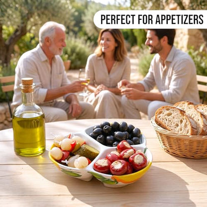 3-Compartment Ceramic Serving Dish, Handmade in Spain | 7.5” divided chip and dip bowl with lead-free glaze, microwave, oven and dishwasher safe, ideal for tapas, snacks and sauces - color: Sunny Lemon