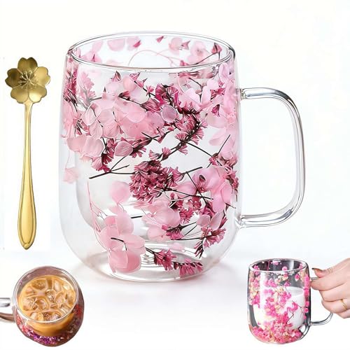 Double Wall Glass Coffee Mugs,Creative Clear Glass Cups with Handle Flowers Double Insulated Cup for Hot Cold Beverages Cappuccino Latte, Heat-Resistant Floral Glasses for Home & Gift Use (Color3) - color: Color3, size: 13 Ounces