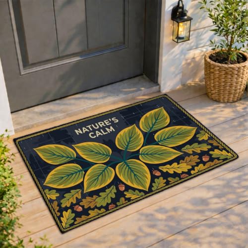 Leaves Welcome Door Mat, Nature Seasonal Acorns Oak Fall Green Skid Resistant Decorative Doormat for House Office Outside Inside Entrance Decor 29x17 Inch