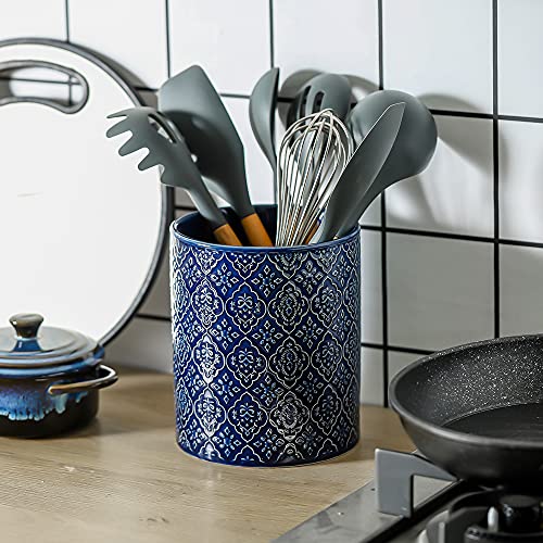 KOOV Kitchen Utensil Holder, Large Utensil Holders for Countertop, 6 x 7 Inches Ceramic Utensil Crock, Deep and Stable, Cooking Utensil Holder, Embossed Pattern (BLue) - color: BLue