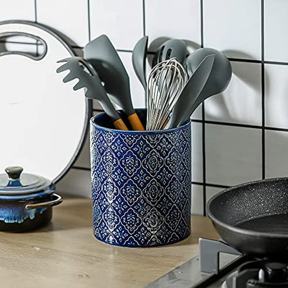 KOOV Kitchen Utensil Holder, Large Utensil Holders for Countertop, 6 x 7 Inches Ceramic Utensil Crock, Deep and Stable, Cooking Utensil Holder, Embossed Pattern (BLue) - color: BLue