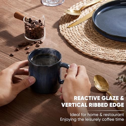 E-far Coffee Mugs Set of 4, 12 oz Stoneware Coffee Cups with Handle for Latte, Tea, Cocoa, Milk, Modern Ribbed Ceramic Mugs for Man Woman, Microwave & Dishwasher Safe, Midnight Blue - color: Midnight Blue