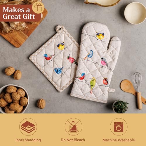 Maison d' Hermine 100% Cotton Oven Mitt & Pot Holder Set (7.5"x13" & 8"x8") | Heat Resistant BBQ Cooking Gloves with Loop Baking Grilling Kitchen Hotel Home Farmhouse Spring Summer - Birdies on Wire - color: 003 - Birdies on Wire, size: 7.5" x 13" & 8" x
