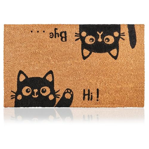 Coir Welcome Mat, Non-Slip, Hi-Bye Cat, 17 x 29 in | 100% Natural Coir, Anti-Shedding, Durable PVC Backing, Traps Dirt and Mud, Indoor and Outdoor Entryway, Easy to Clean - color: Hi-bye Cat, size: 17x29