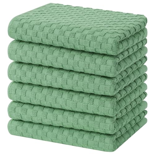 Homaxy 100% Cotton Terry Kitchen Towels(15" x 25", 6 Pack), Grass Green | Soft and Super Absorbent Dish Towels, 380 GSM Reusable Tea Towel with Hanging Loop, Pineapple Grid Designed - color: Grass Green, size: 15 x 25 - 6 Pack