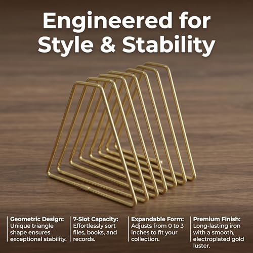 Gold Expandable Bookends, 7-Section, 2"-15.7" | 7 Slot Adjustable Book Rack, Telescoping Desktop Organizer, Metal Magazine Vinyl Record Stand, For Office Home Decor - size: 7-Section