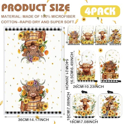 VitalCozy 8 Pcs Highland Cow Kitchen Towels Pot Holders Oven Mitt Set Absorbent Highland Cattle Dish Towels Square Potholders Watercolor Heat Resistant Glove for Home Cooking Baking Gift(Sunflower) - style: Sunflower