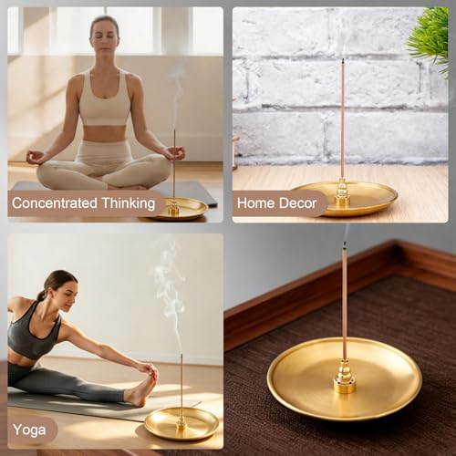 Brass Incense Holder for Sticks with Ash Catcher, 4-in-1 Stackable Incense Burner Holder, 5.5 Inch Round Tray, 9 Holes Insert for Meditation Yoga Home Decor