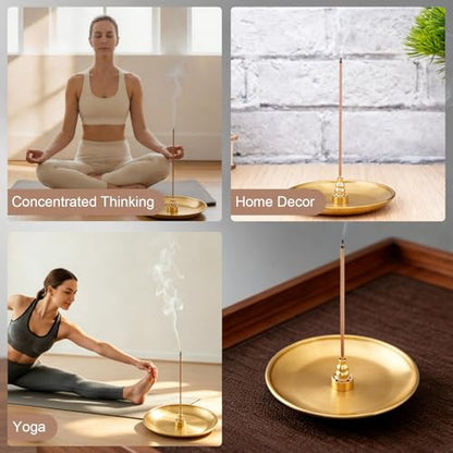 Brass Incense Holder for Sticks with Ash Catcher, 4-in-1 Stackable Incense Burner Holder, 5.5 Inch Round Tray, 9 Holes Insert for Meditation Yoga Home Decor