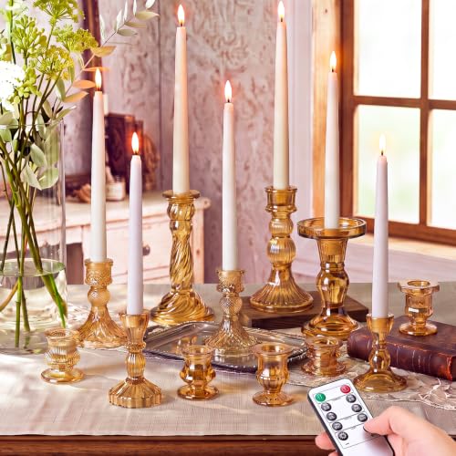 Mumufy 48 Pcs Gold Crystal Candle Holders with LED Flameless Candles Bulk 24 Glass Candlestick Holders with 24 Battery Operated Taper Candles 2 Timer for Wedding Table Centerpieces Home Decor - color: Gold