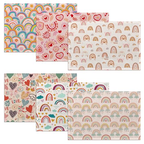 Rainbow Heart Placemats,Boho Whimsical Table Mats Set of 6,12x18 Inch,Waterproof Oil-Proof Washable and Reusable Linen placemats Holiday Party Kitchen Table Decorations - color: Rainbow Heart，boho Whimsical