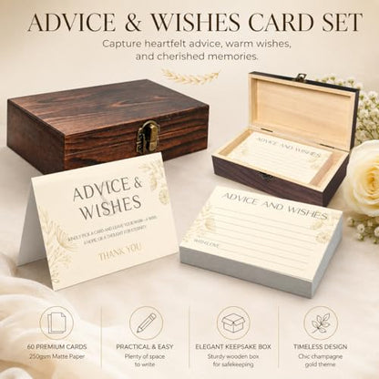 Champagne Gold Advice and Wishes Cards Set with Wooden Keepsake Box & Sign - 60 Elegant Dandelion Floral Guest Book Alternative for Wedding Reception & Bridal Shower - color: CHAMPAGNE