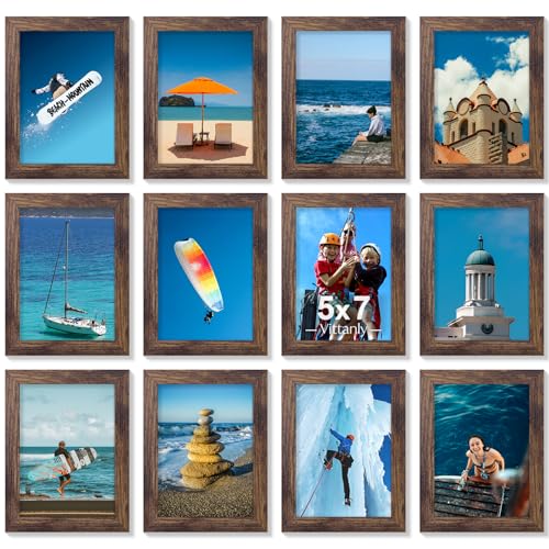 Vittanly 5x7 Picture Frames Set of 12 for Wall or Tabletop Display, Brown | Display Pictures 4x6 with Mat or 5x7 without Mat, Small Photo Frames, Engineered Wood with Shatter Resistant Plexiglass - color: Brown, size: 5x7