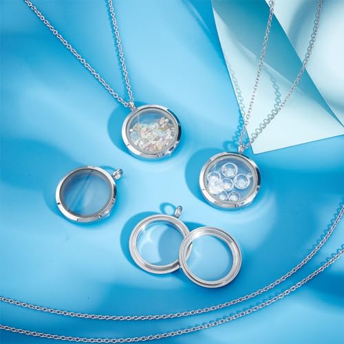 4pcs Photo Locket Charms Necklace Round Stainless Steel Locket Pendants Crystal Double-Sided Picture Frame Memory Locket Charm with 17.7inch Chain for Wedding Jewellery Making Photo - color: Silver B